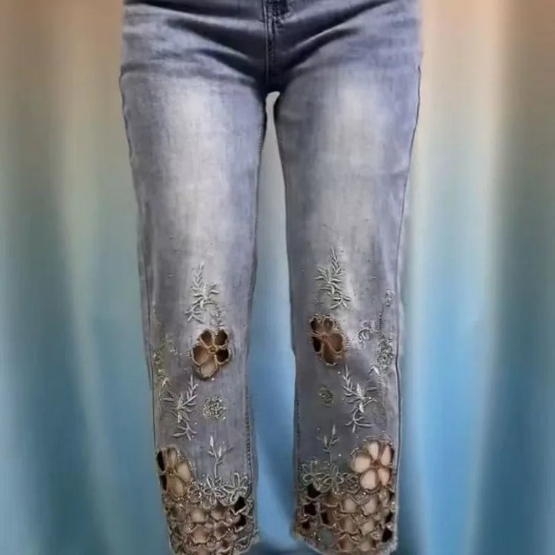 women High end hollowed out embroidered denim eight cigarette tube pants 2025 new summer thin high waist stylish denim tube pant