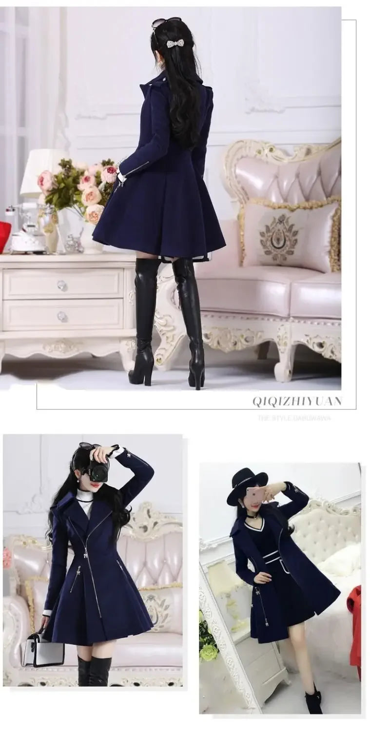 2025 Autumn Winter Clothing Deep Blue Zippered Long Sleeved Woolen Coat Jacket Women, Medium Length Slim Fit Thickened