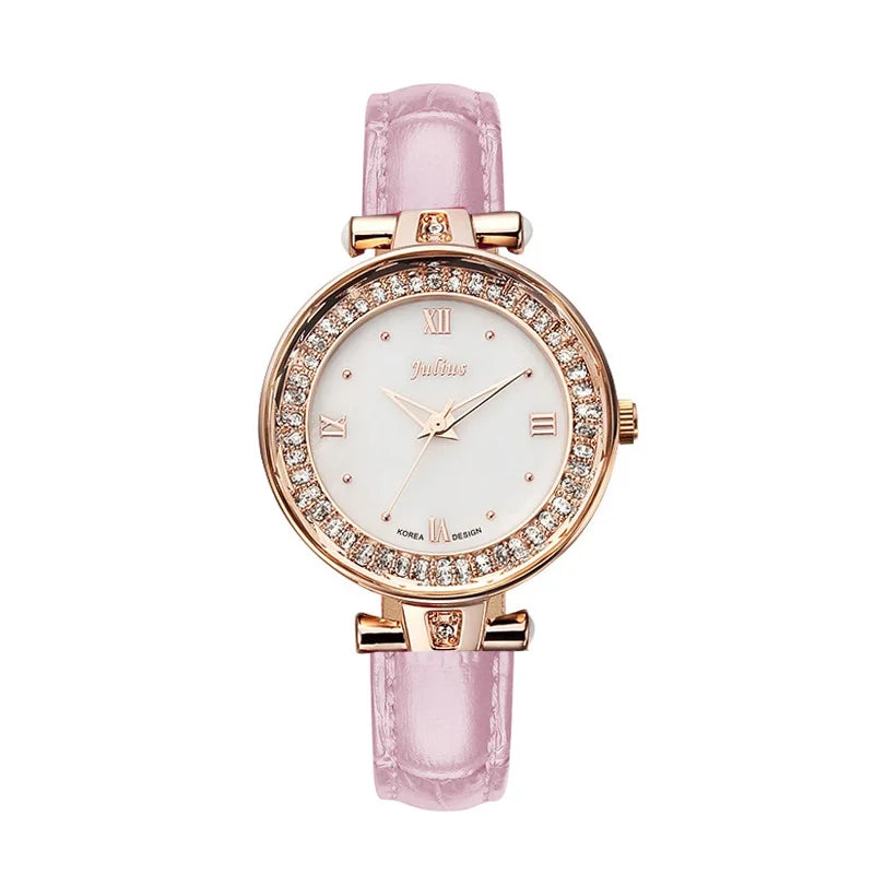 Mother-of-pearl Rhinestones Julius Lady Women's Watch Fashion Hours Bracelet Real Leather Girl's Birthday Gift Box