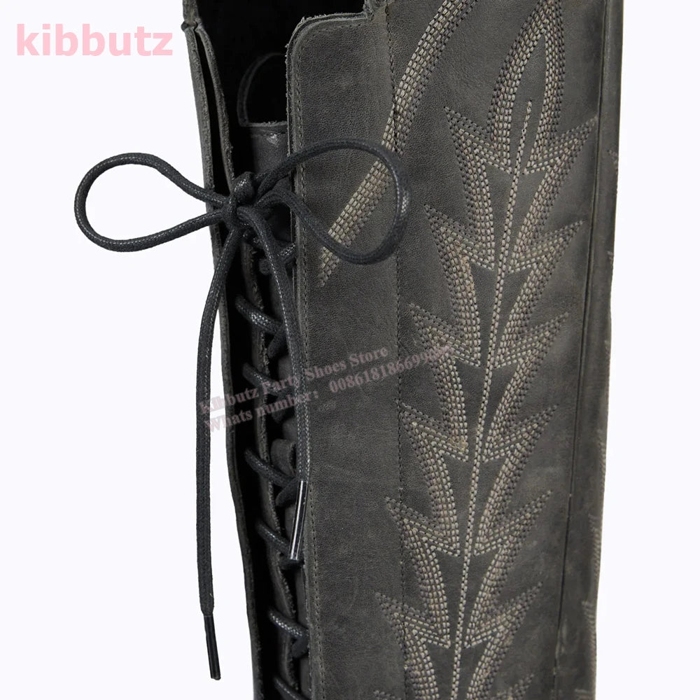 Rivet Cowboy Vintage Boots Over The Knee High Embroidery Lace-Up Luxury Leather Pointed Toe Chunky Heels Fashion Concise Shoes
