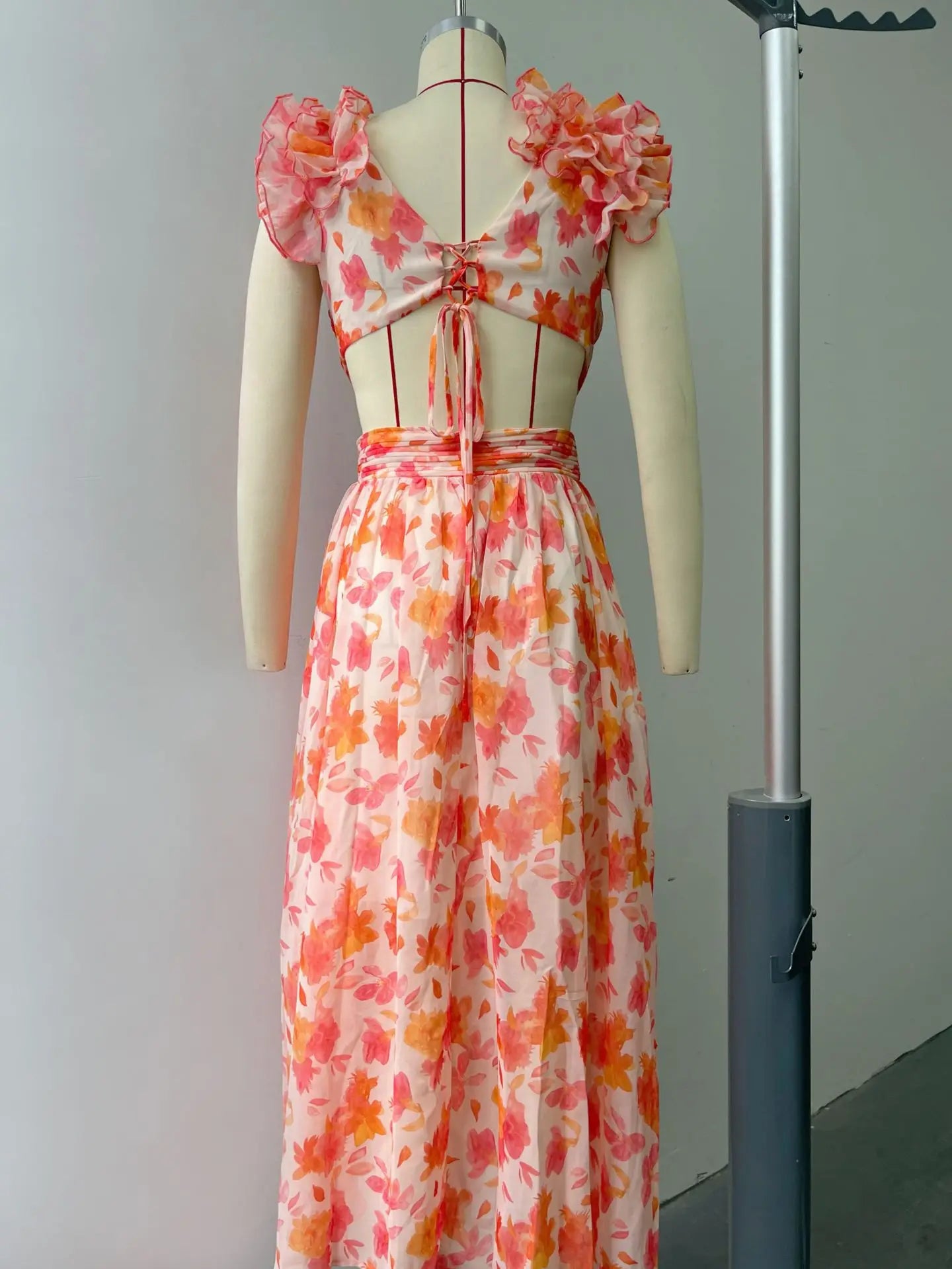 Summer Spring Women's Clothing Dress Hollow Out Slim Deep V Ruffle Edge Floral Backless Dress Loose Maxi