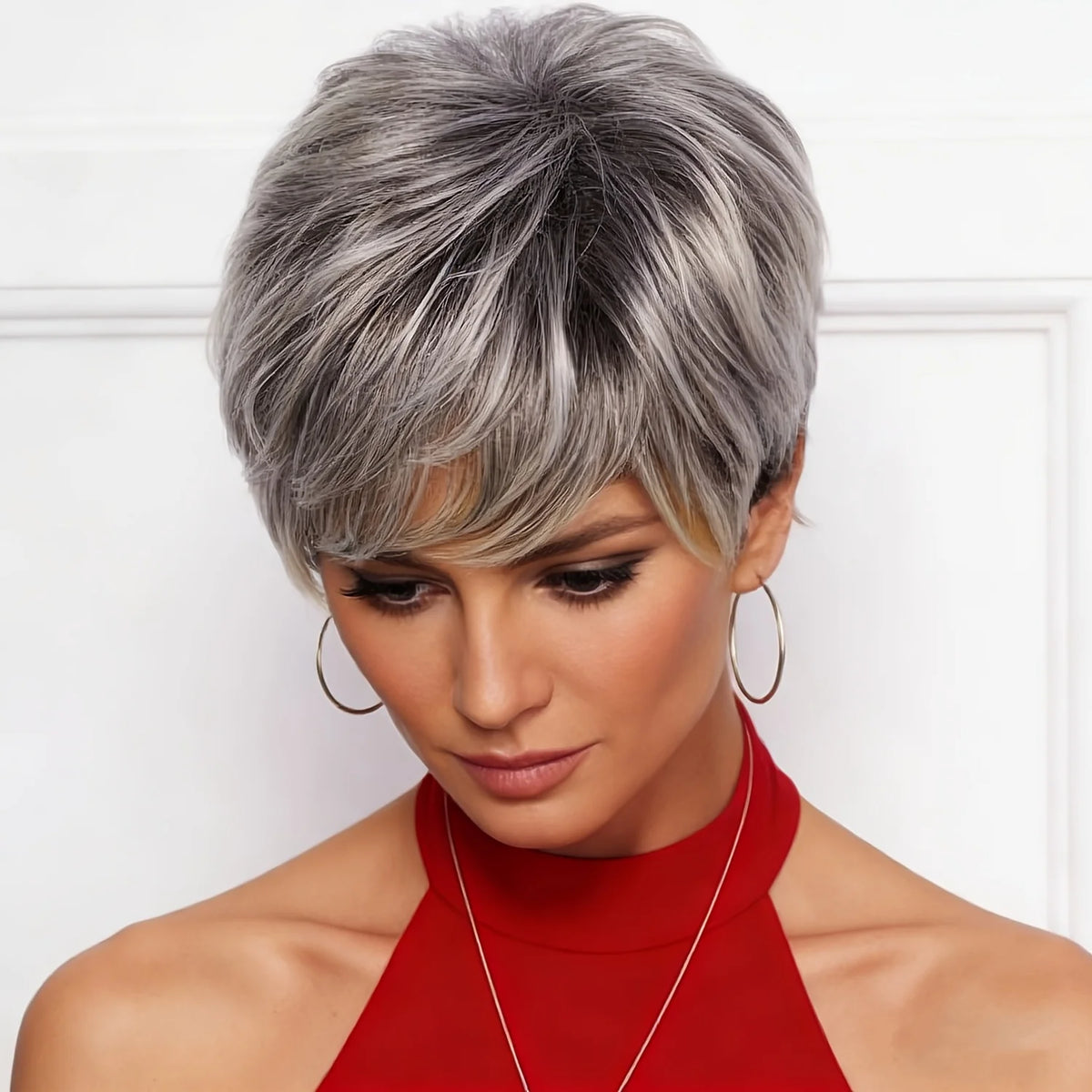 Natural Layered Gray Silver Bob Wig With Bangs for Women