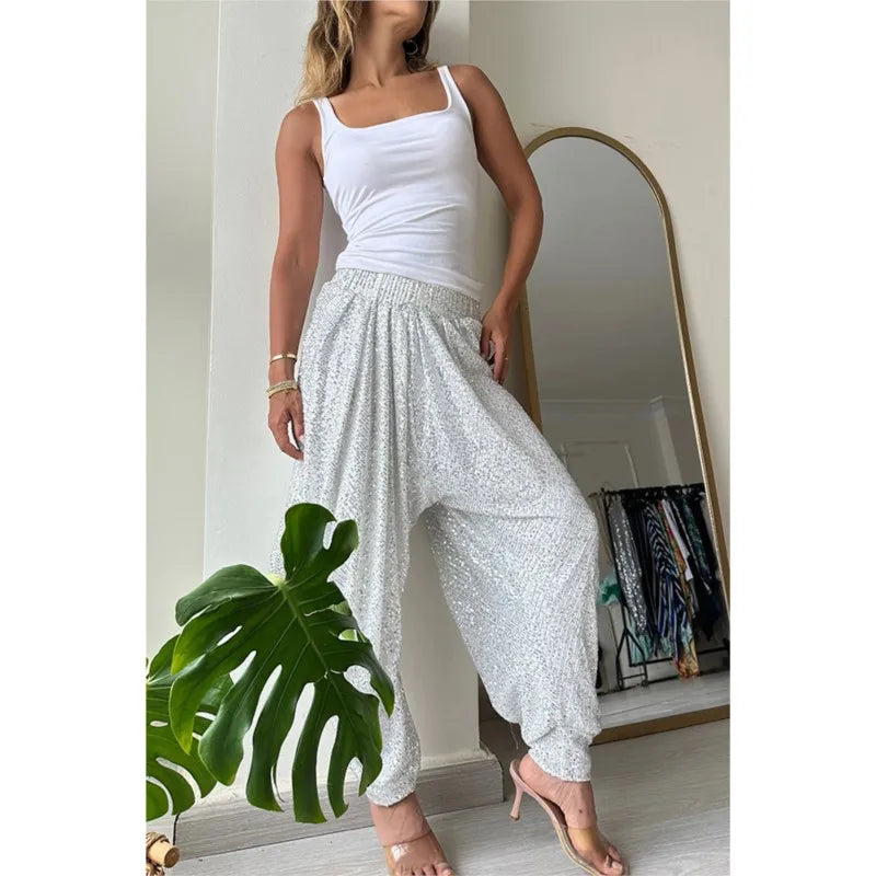 Women Elastic Waist Bloomers Spring Summer Sequins Patchwork Trousers Loungewear Fashion Solid Loose Ladies Streetwear