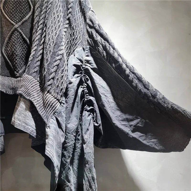YEAE personalized old twist weaving splicing women's knitted sweater long-sleeved V-neck ruffle leaf edge autumn and spring new