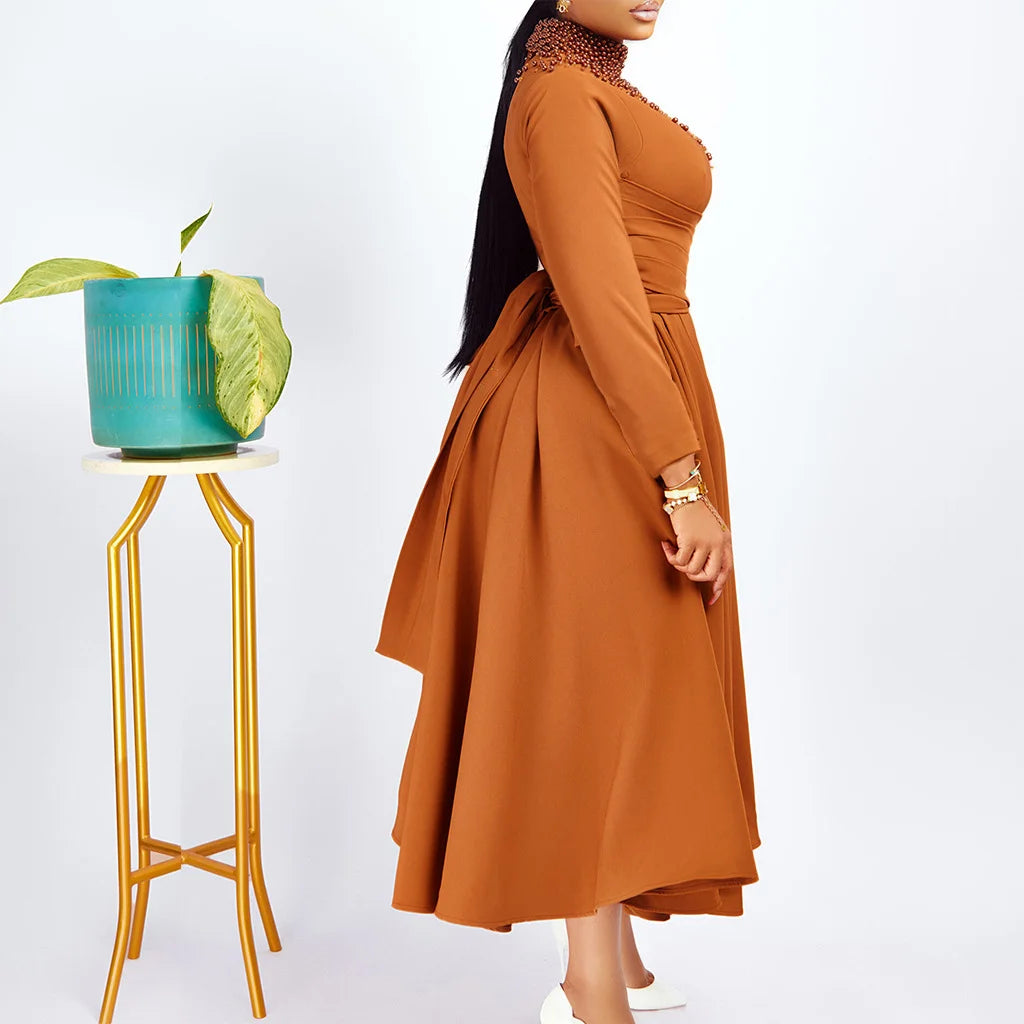 Fashionable High-collar Elegant Embroidered Large Dress Women Waist-shaping African Dress Trendy Plain Pattern Long Skirt