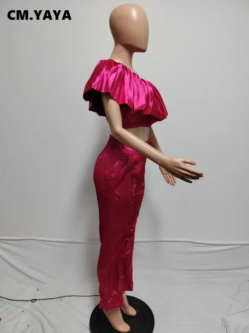 CM.YAYA Fashion Satin Women's Set Butterfly Sleeve Crop Top and Wide Leg Pants Suit 2024 Party Club Even Two 2 Piece Sets Outfit
