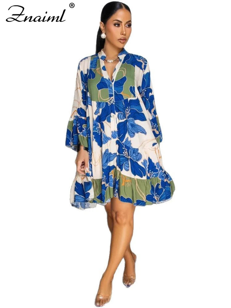 Znaiml Casual Long Sleeve Beach Short Dress for Women Boho Summer A-Line Floral Print Sundresses Y2k T-Shirt Mini Dresses 2025
