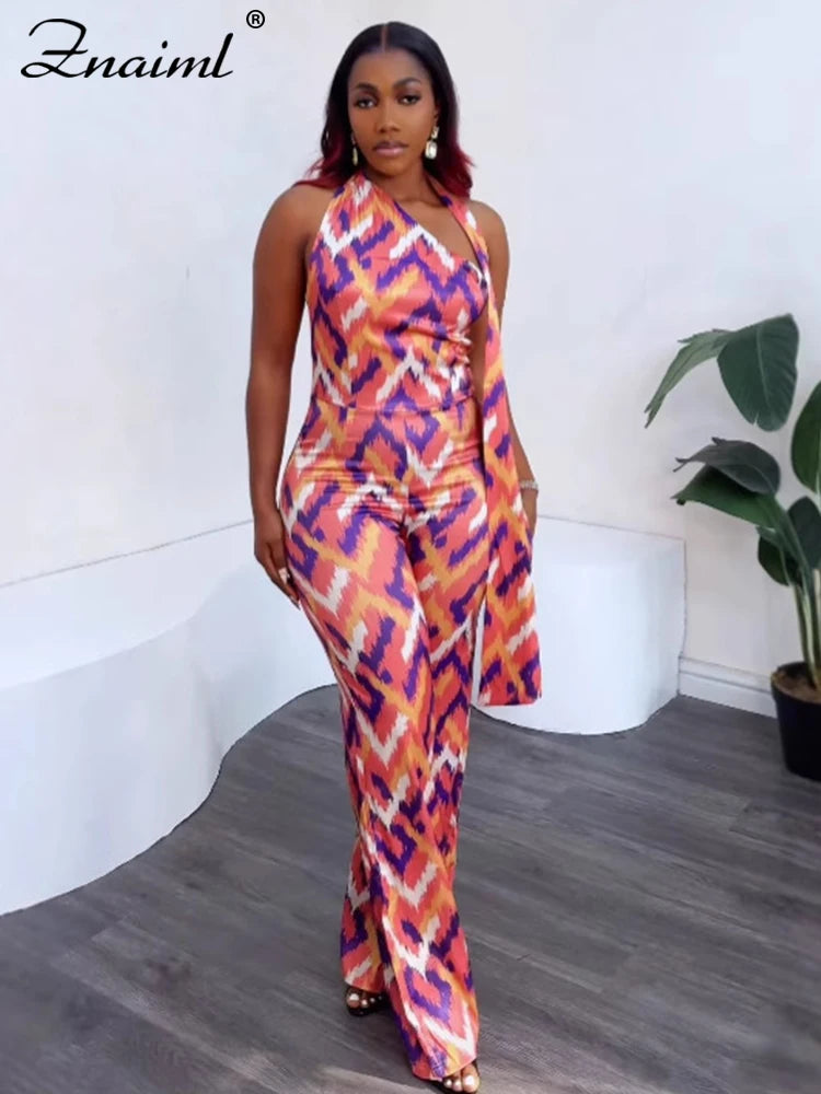 Znaiml Elegant Women Summer Beach Boho Vacation Jumpsuits Printing Halter Sleeveless Backless One Piece Rompers Wide Leg Pants