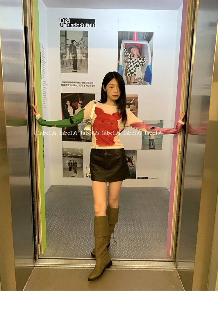 Karrram Y2k Aesthetics Mesh Tops Japanese Harajuku Cartoon Print T-shirt 2000s Vintage Cute T Shirt Korean Style Dopamine Tops