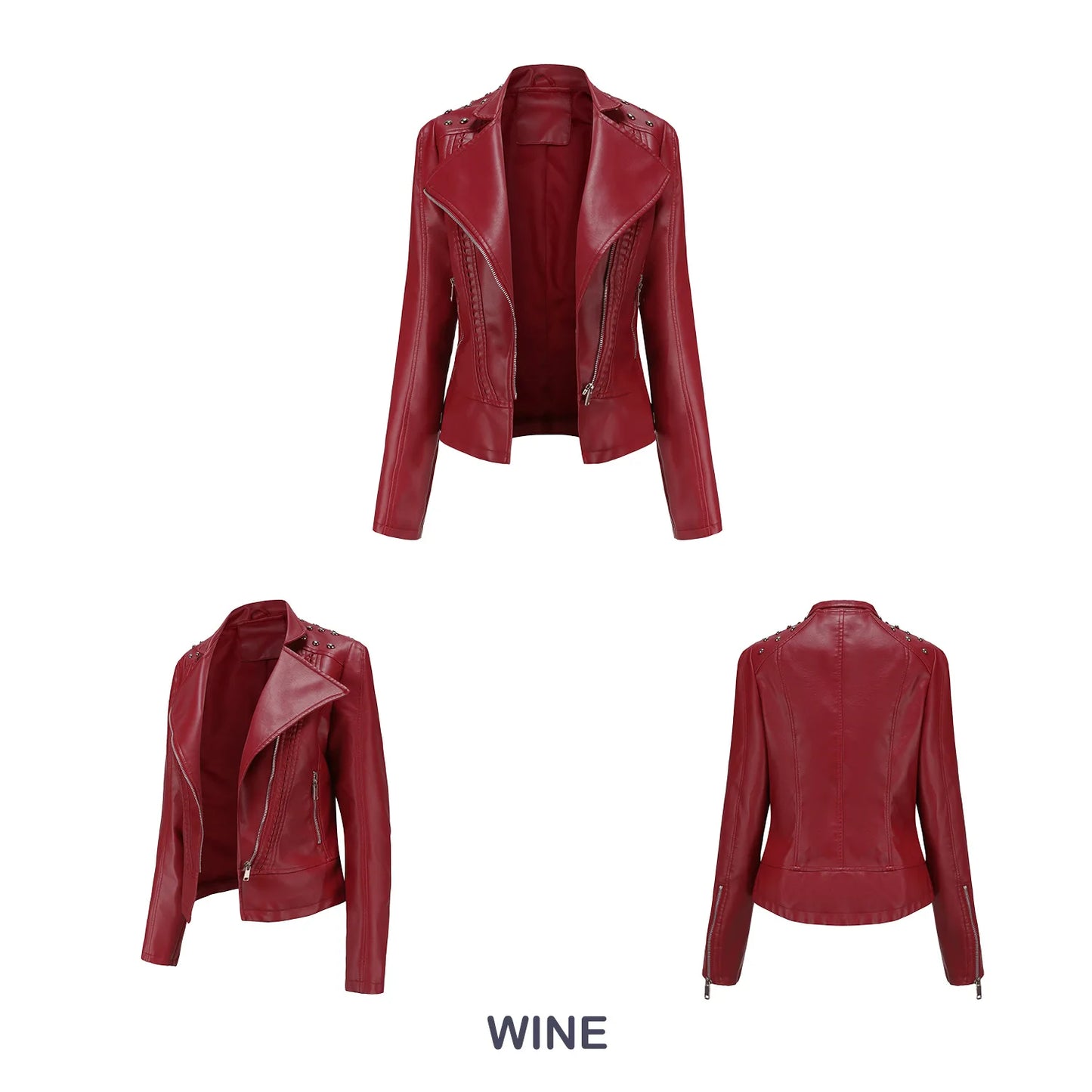 Women's Punk Rivet Leather Jacket Spring Autumn Retro Turndown Collar Slim Casual Ladies Faux Soft Leather Moto Biker Outerwear
