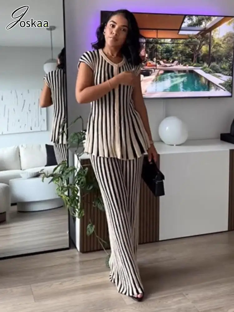 Joskaa 2025 Women's Striped Knit Two Piece Set Casual O-Neck Sleeveless Sweater Vest and Flared Pants Matched Vintage Streetwear