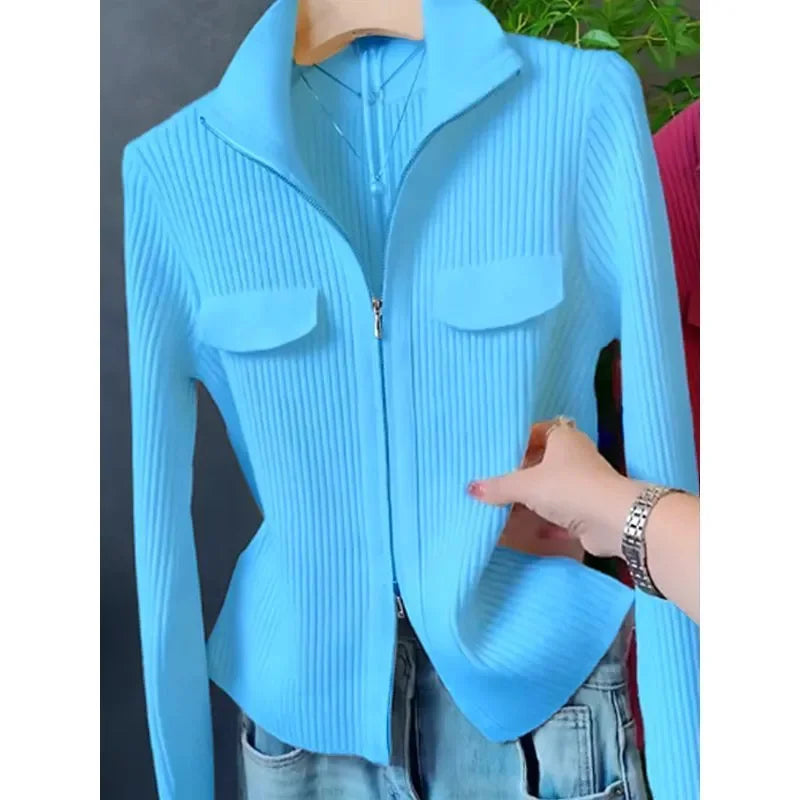Fashion Zipper Short Knitted Cardigan Sweater 2025 Spring Autumn New Korean Versatile Coat Top Turn-Down Col Sweater Solid Color