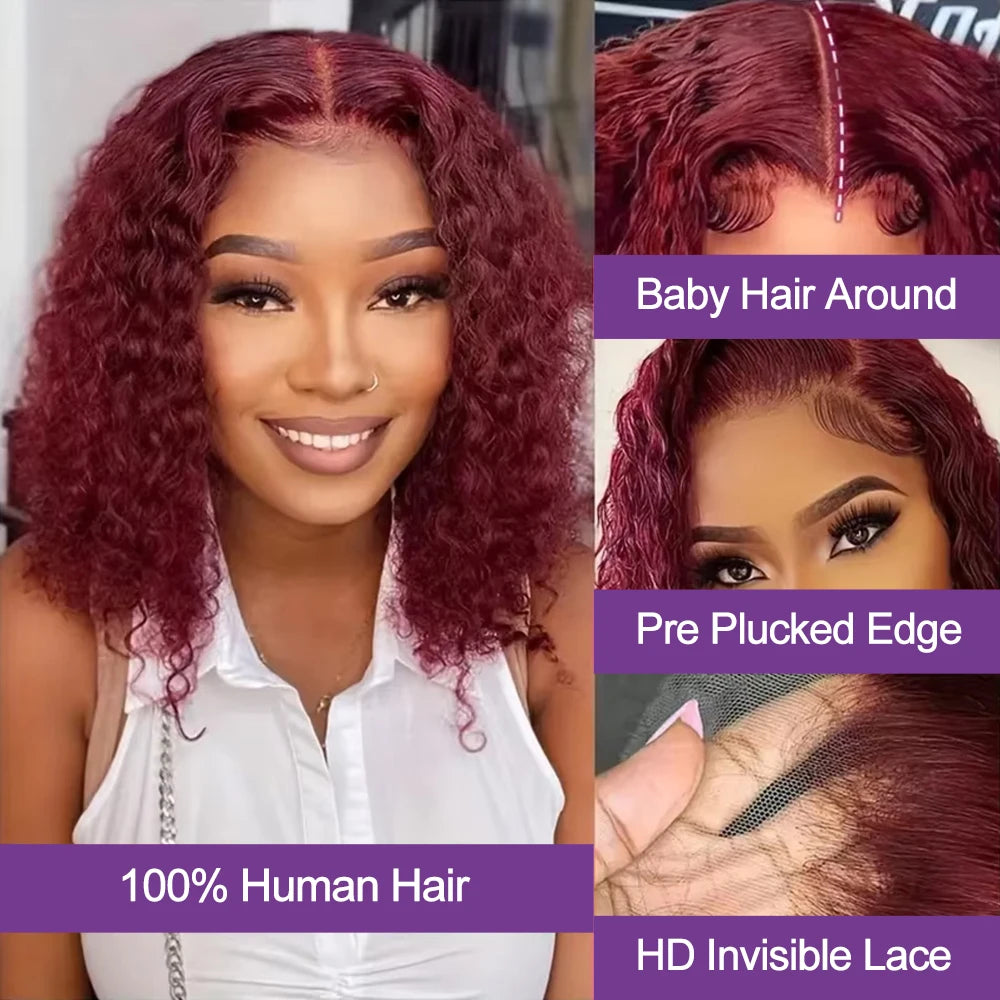 Burgundy 99J Deep Wave Bob Wigs Glueless Human Hair Short Kinky Curly Wig 13x6 Lace Front Wig For Women 13x4 HD Lace Front Wigs