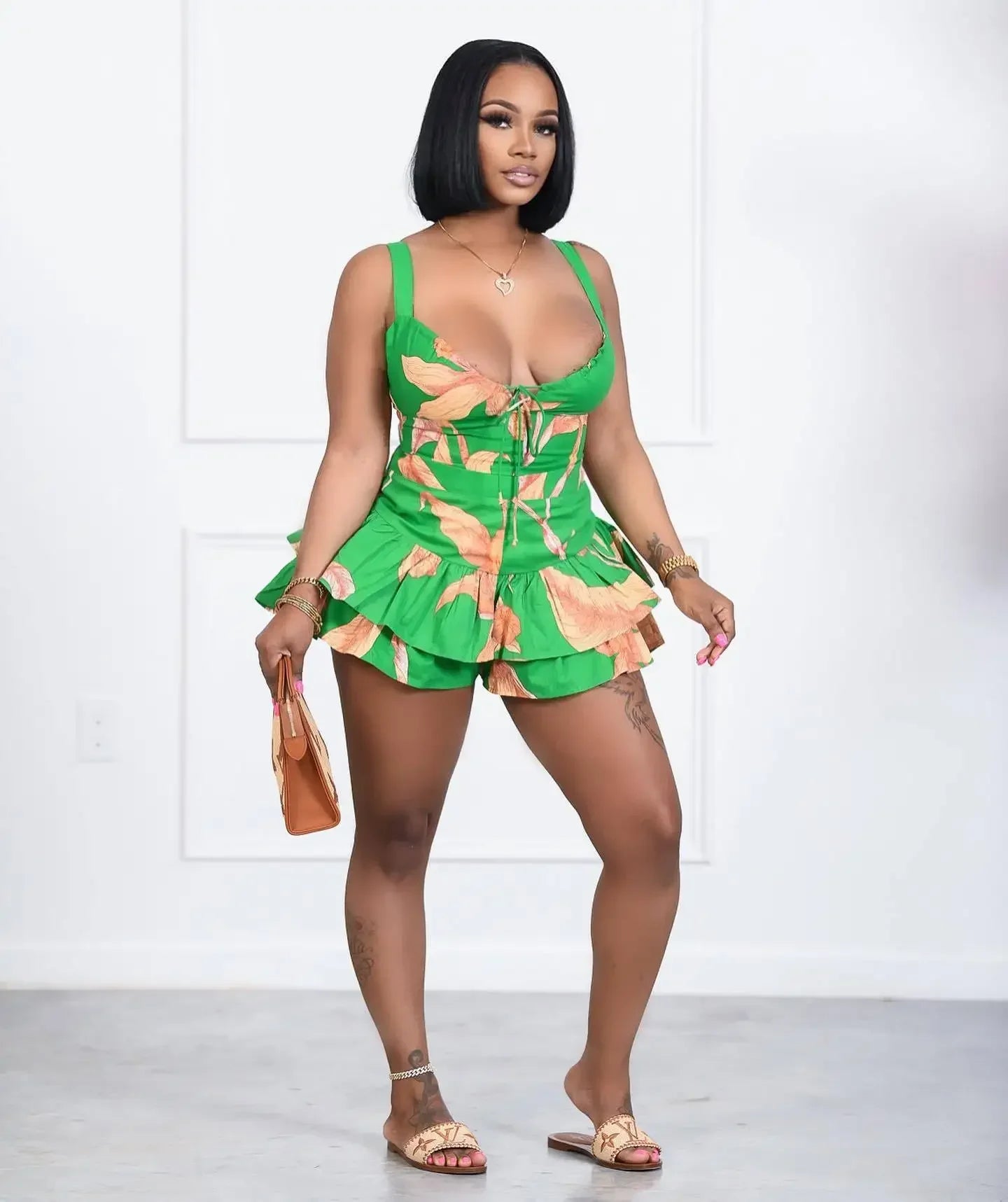 CM.YAYA Elegant Beach Printed Women's Set 2022 Summer Sleeveless Ruffles Hem Tank Crop Tops Shorts Matching Two 2 Piece Set