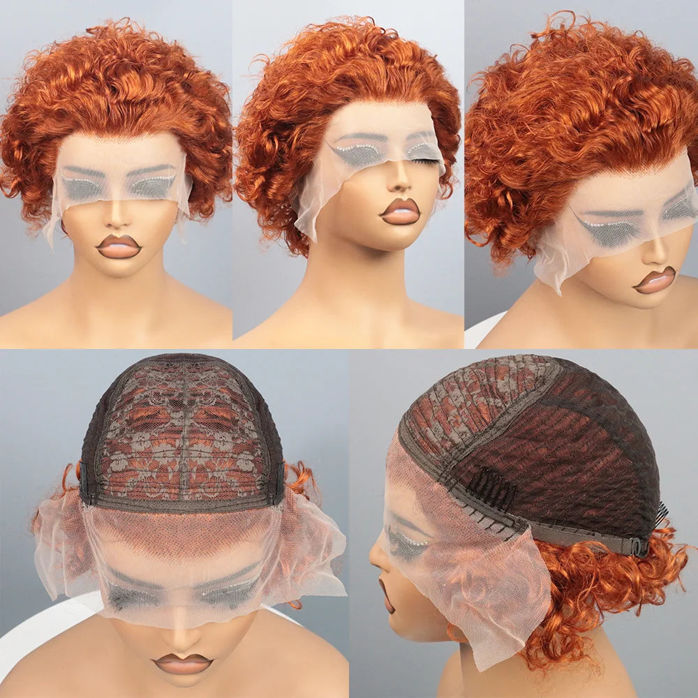 Ginger Pixie Cut Wigs Human Hair Short Curly Lace Front Human Hair Wigs Colored Water Wave Bob Wig 13x1 Transparent Lace Wigs