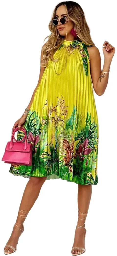 Pleated Leaf Print Halter Maxi Dress