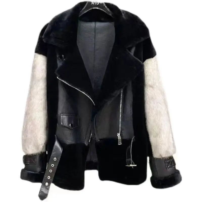 Women Coat Faux Fur Coats Biker Jackets Belt Pocket Turn Down Collar Long Sleeves Zipper Fly Loose Streetwear 2025 Autumn Winter