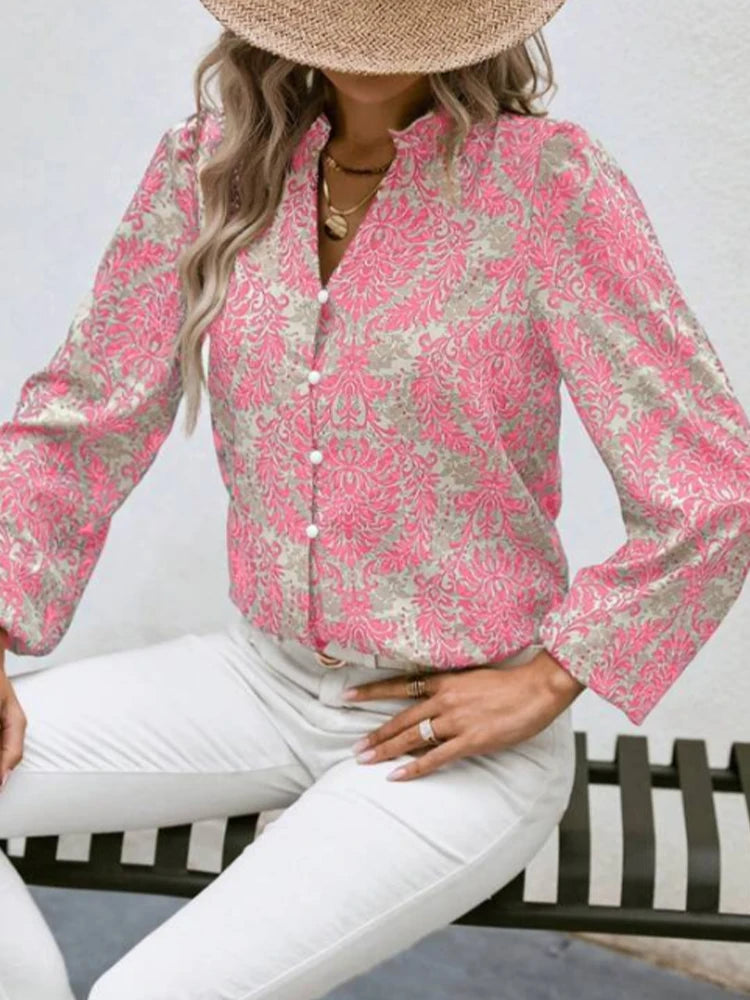 Women's Long Sleeve Shirt V-Neck Embellished Pleated Lantern Sleeves Full Print Button-Up for Summer and Autumn