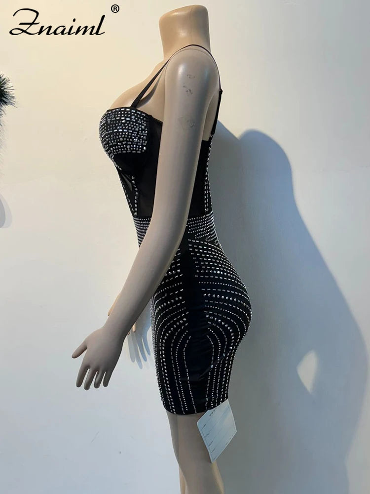 Znaiml Luxury Women Red Mesh See Though Diamonds Spaghetti Strap Sleeveless Bodycon Mini Dress Sexy Birthday Night Club Vestidos