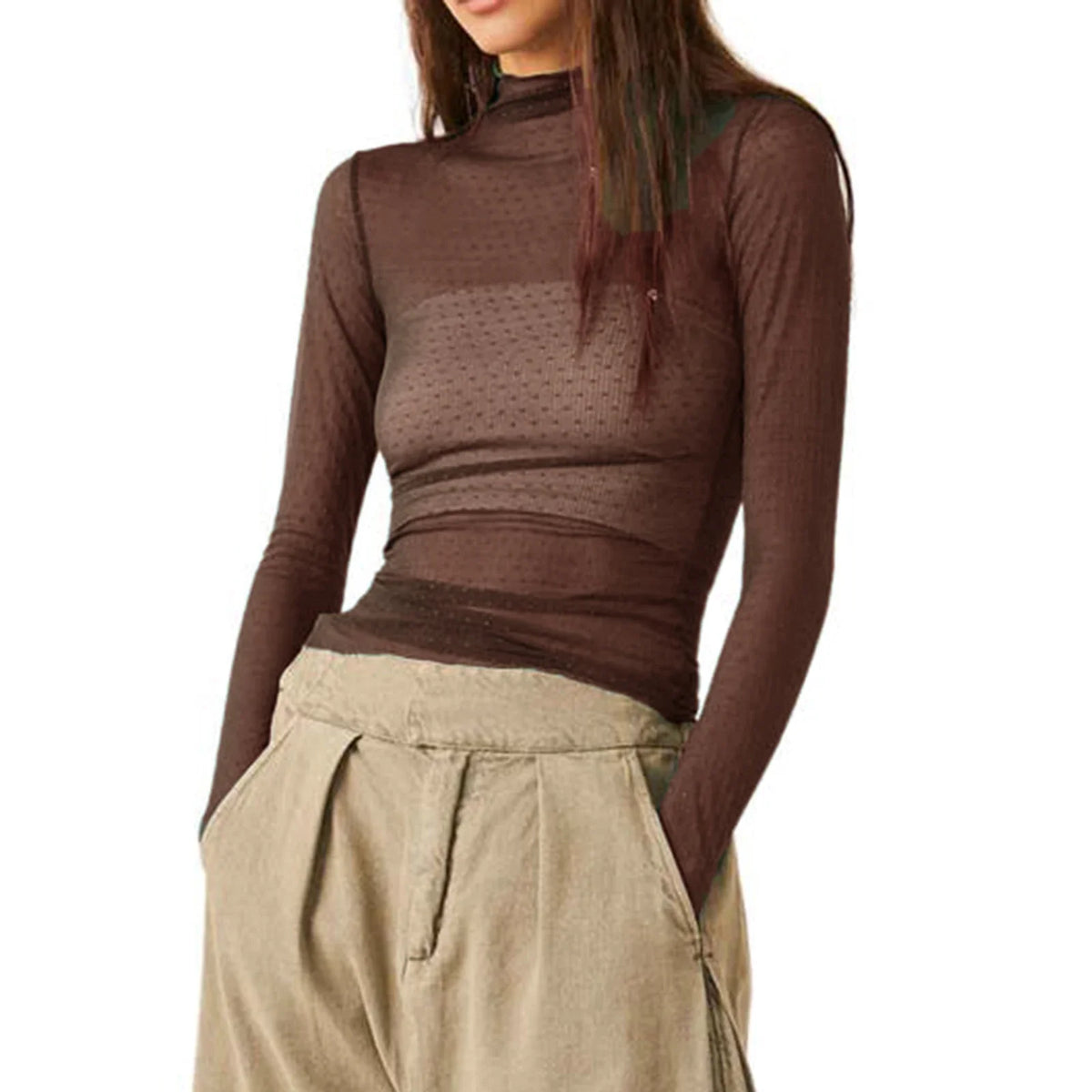 Sheer Mesh Polka Dot Turtleneck Long Sleeve Top for Women
