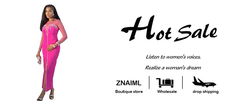 Znaiml Luxury Rhinestones Mesh Patchwork O-neck Pink Dress Women Sleeve Long High Split Birthday Party Evening Night Club Robe