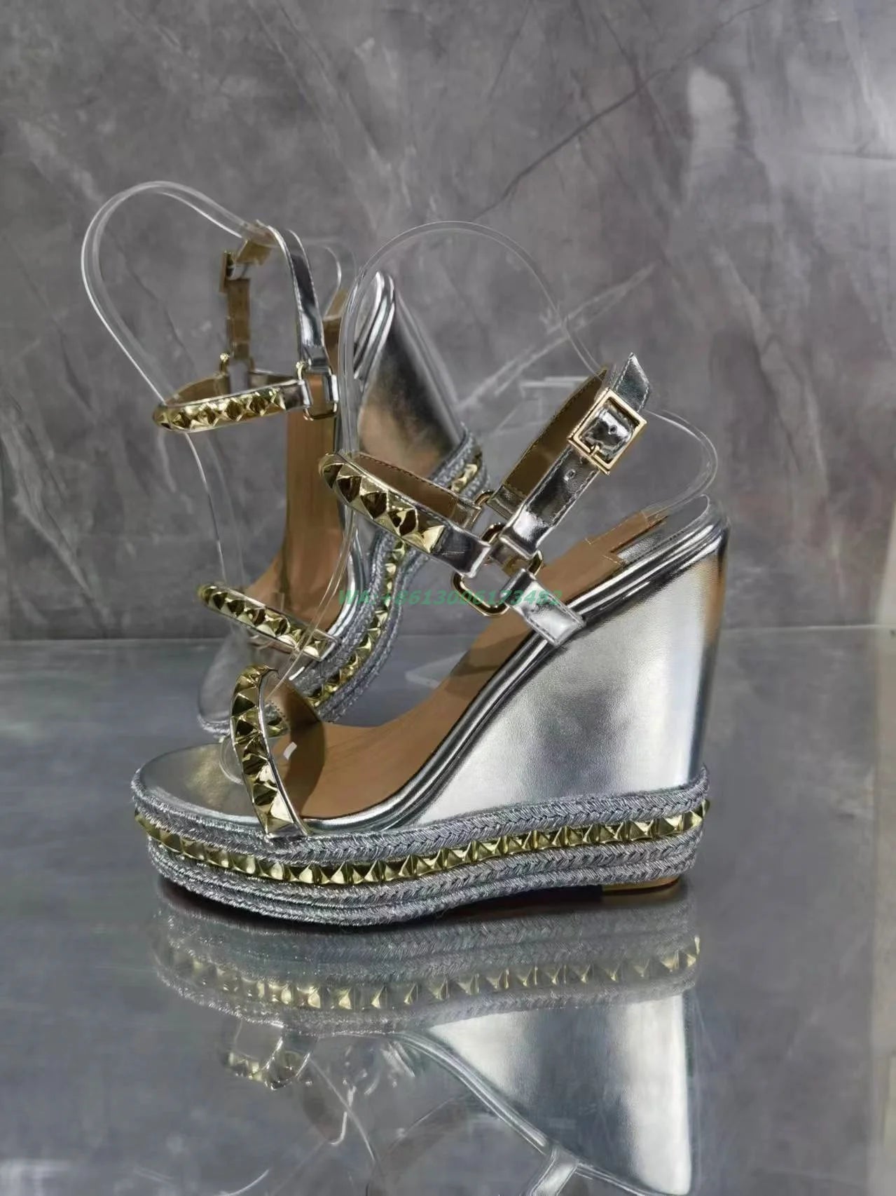 Design Women Summer Silver High Wedge Sandal Open Toe Gold Rivets Wedge Heel High Platform Slingback Buckle Strap Silver Sandal