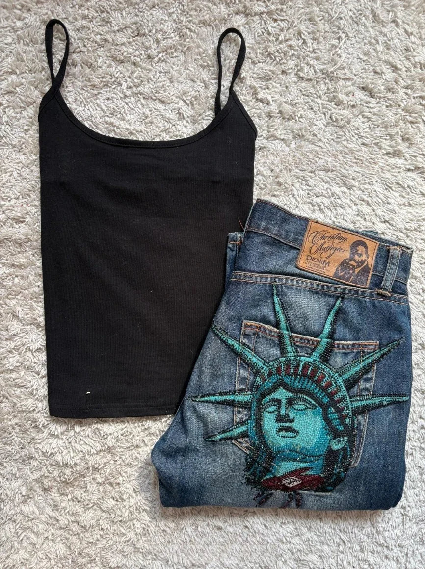 Y2k 2000s Statue of Liberty Klein Stone Jeans Pocket Hip Hop Pattern Embroidery Denim Pants High Waist Straight Wide Leg Jeans