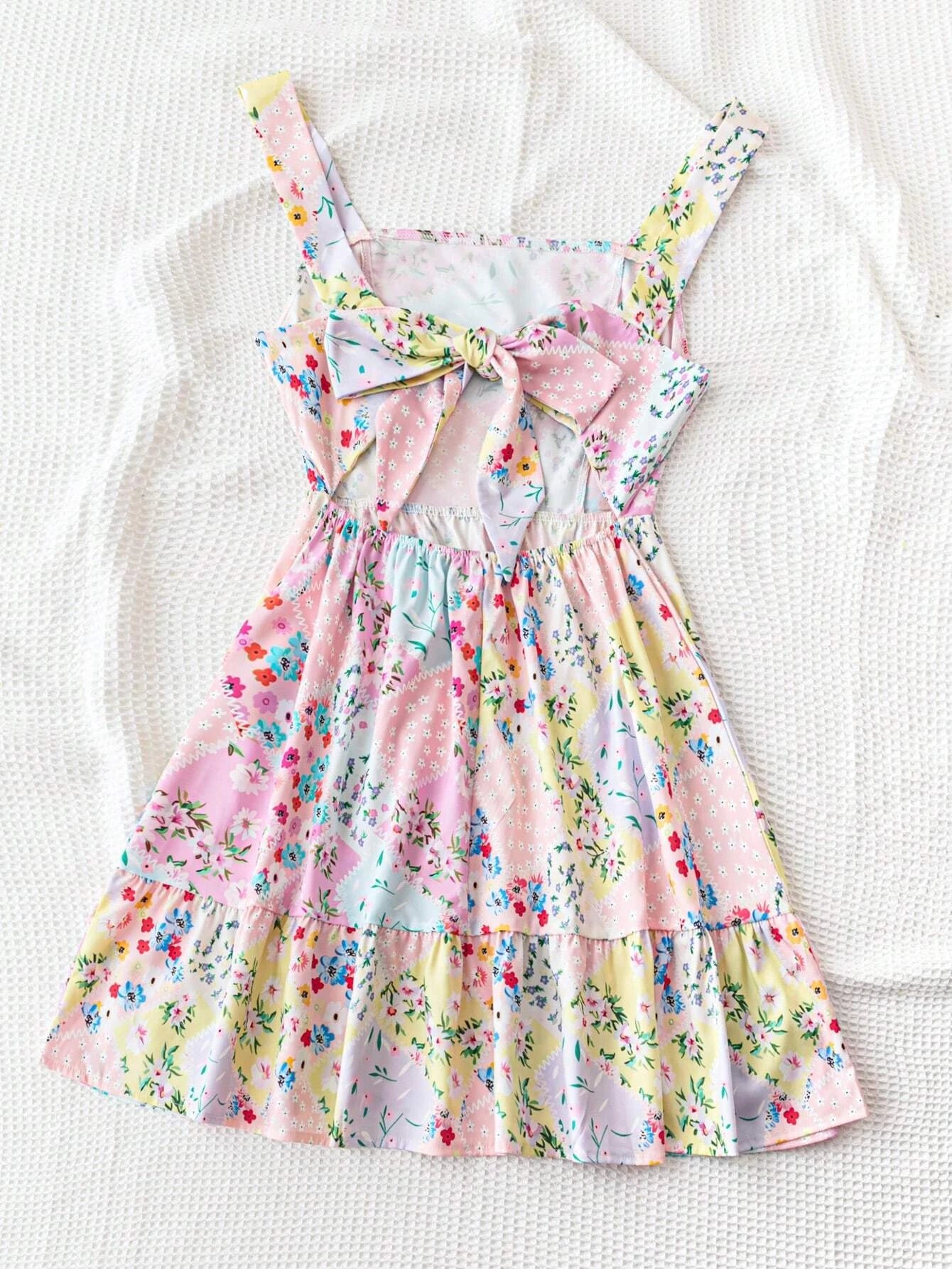 Women's Floral Print Strapless Back Tie Bow Dress 1181