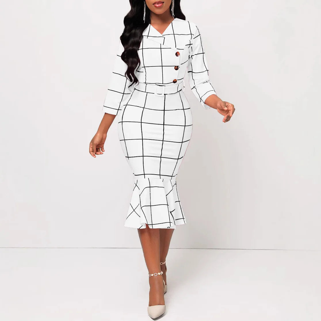 Sexy fashion solid color seven-quarter sleeve small V-neck women's dress SMR12189