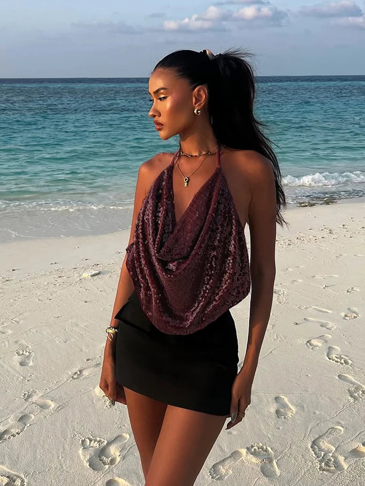 Weird Puss Y2K Sequins Sexy Camisole Women Backless Swing Collar Glitter Beach Vacation Wild Midnight Club Summer Trend Vest