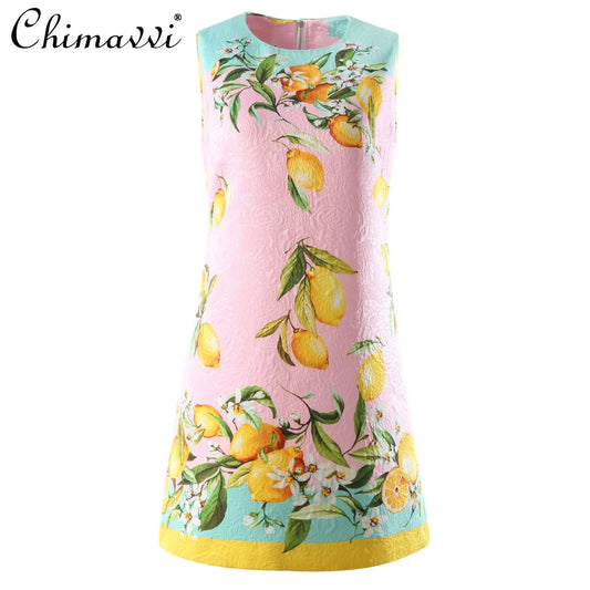 Vintage Jacquard Printed Lemon Vest A-line Dress Summer New Fashion Round Neck Sleeveless Slim Temperament Short Women's Dress