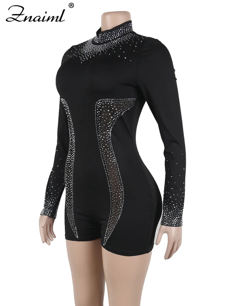 Znaiml Women's Long Sleeve O Neck Short Jumpsuit with Rhinestone Sheer See Through Stretch Bodycon for Nightclub Birthday Party