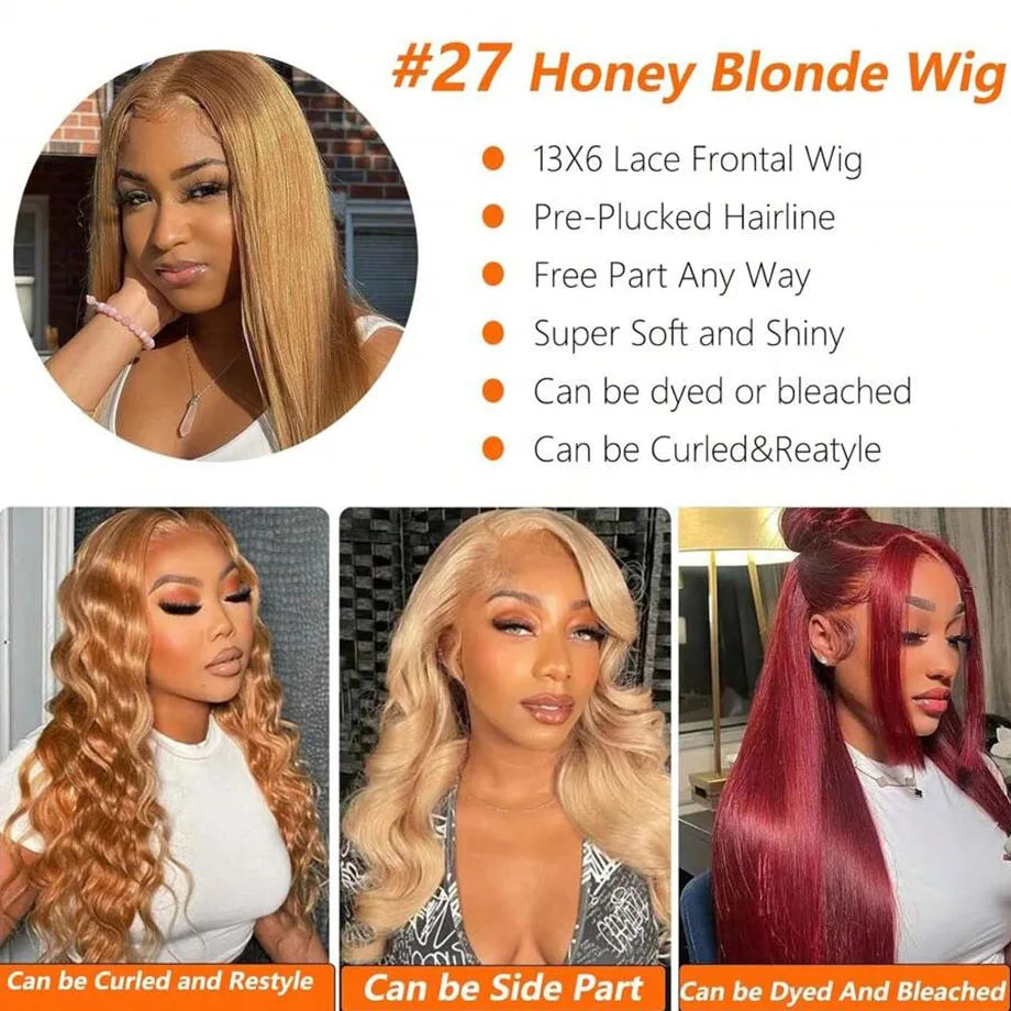 Honey Blonde Lace Front Wig Human Hair #27 Color Straight Lace Frontal Wigs 13x4 13x6 HD Transparent Lace Front Wig Pre Plucked