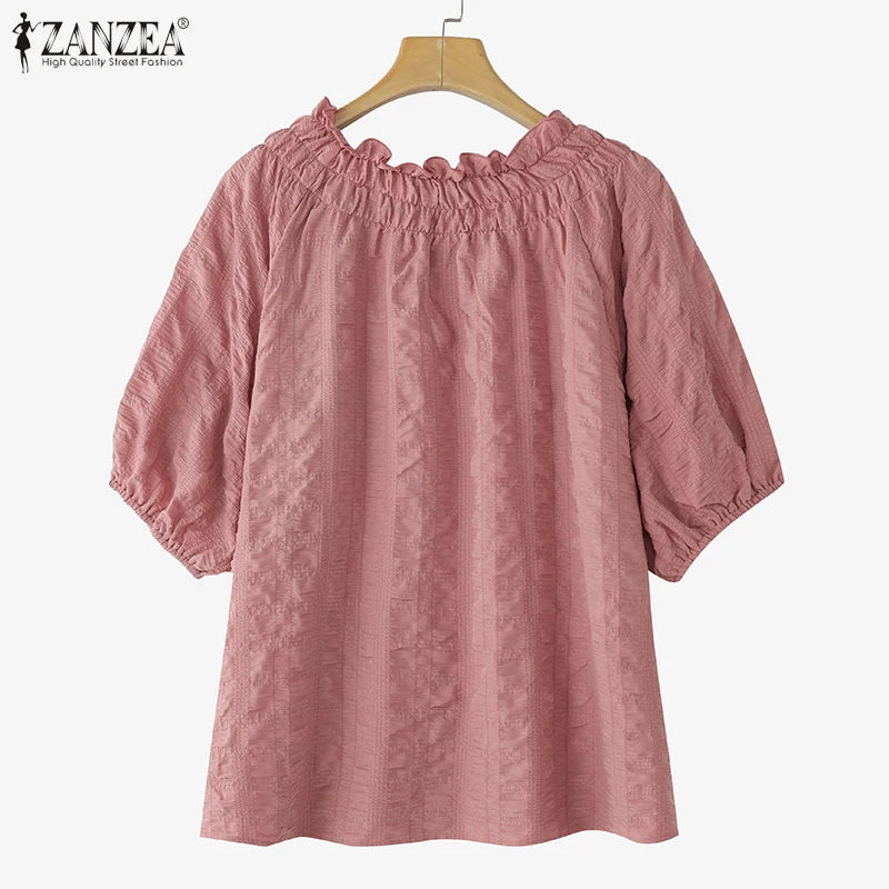 ZANZEA Women Blouse Summer Tops Solid Color Puff Sleeve2025 O Neck Tunic Female Shirts Loose Casual OL Work Blusas Oversized