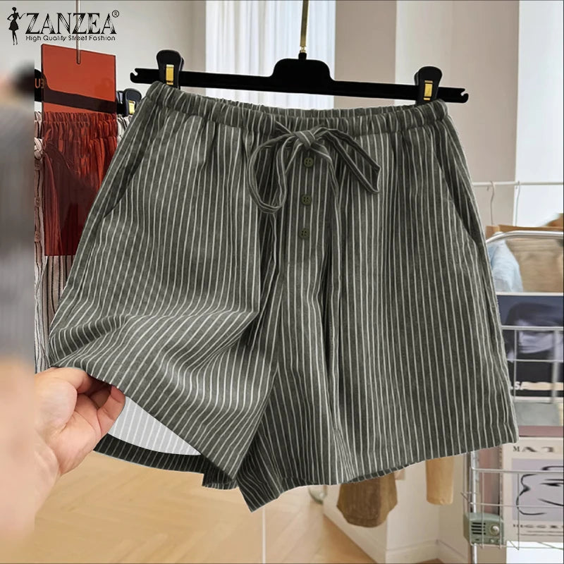 ZANZEA Woman Fashion Striped Shorts 2025 Summer Lightweight Elastic Waist Lace-Up Short Trousers Casual Loose Day Wear Bottoms