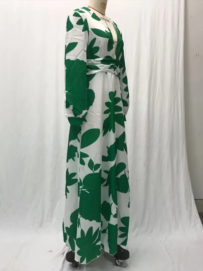 Printed Dress For Women V-neck Sexy High Waist Lantern Sleeve Ladies Fashionable Vestidos Autumn New Long Evening Dresses