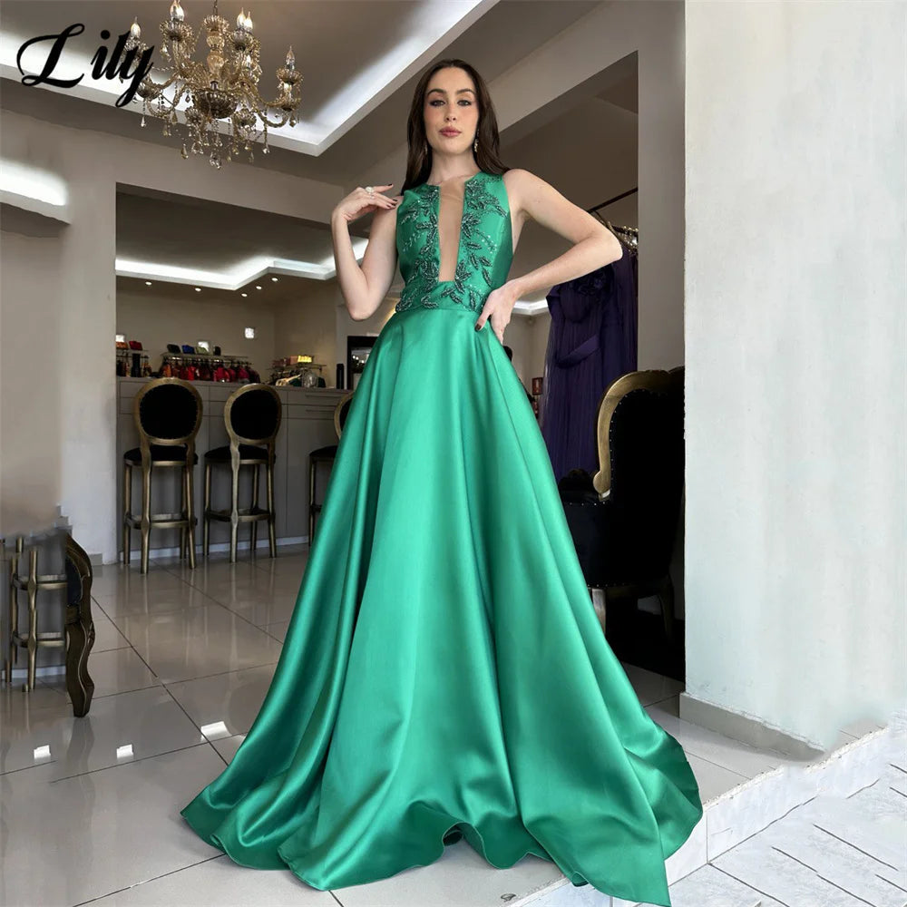 Lily Emerald Green Evening Gown Sleeveless Prom Dress with Beaded Embroidery Wedding Evening Dress robes de soirée Customized
