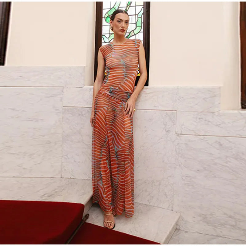 Chic Printed Contrast Women's Skirt Suit Sexy O-neck See Through Sleeveless Bodysuit High Waist Skirts Female 2025 Summer Outfit