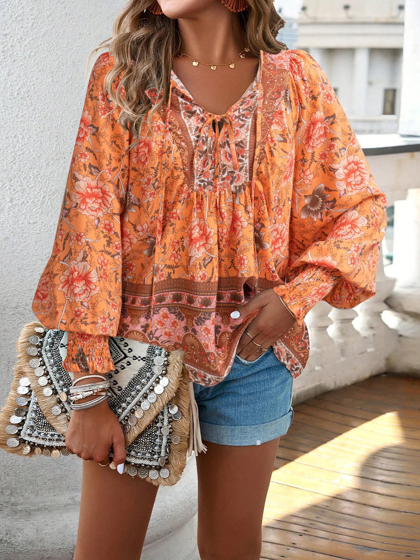 2025 Spring Summer Printed Shirt Women Elegant Chiffon V-neck Long-sleeve Top