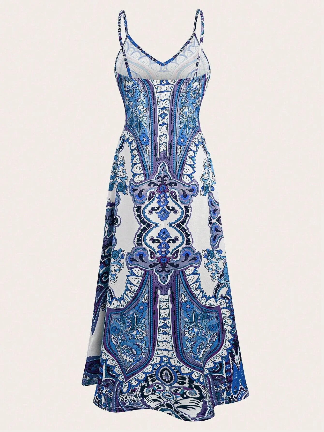 Summer women's floral print halter dress, long, adjustable straps, side pockets, stylish and elegant, suitable for beach vacatio
