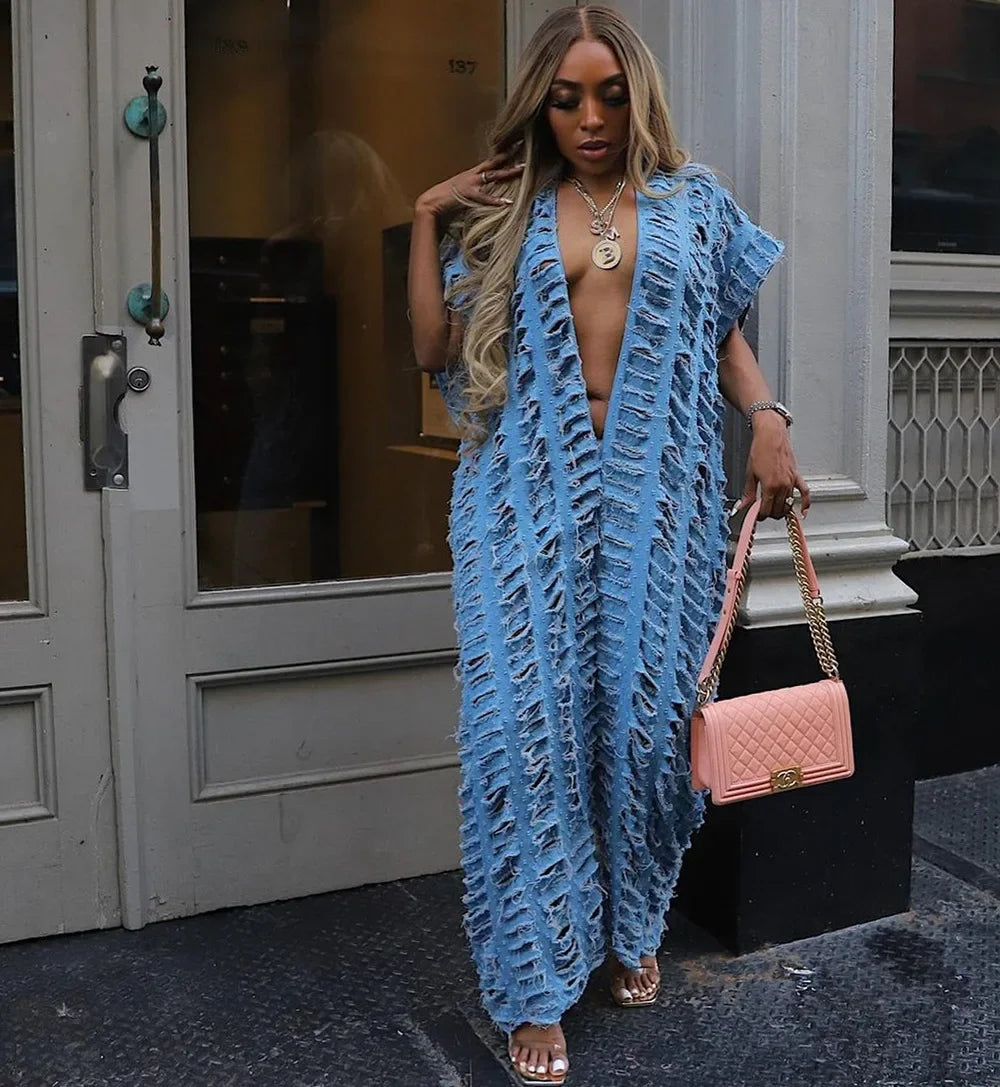 CM.YAYA Women Cutout Hollow Out Deep V-neck Loose Straight Wide Leg Denim Jumpsuit Jeans 2024 Sexy Street  One Piece Suit Romper