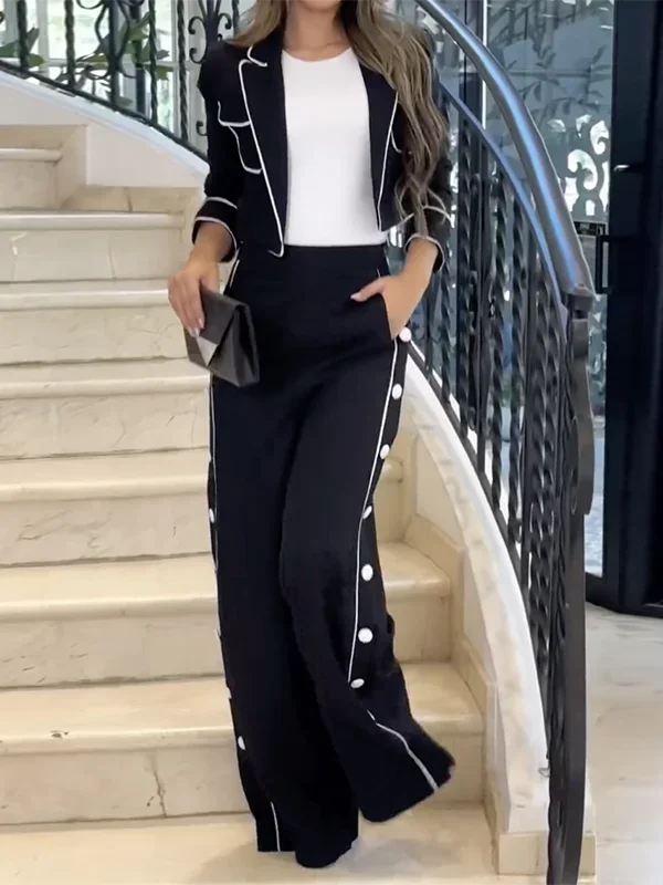 Beautyblue Black Pant Set Women's Blazer&Pants New Fashion High Waist Loose Buttoned Pocket Lapel Two-piece Set Office Commute