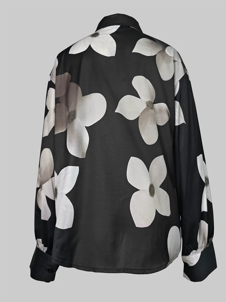 Beauty Blue Women's Elegant Blouses&shirts Floral Printed Tops Casual Long Sleeves Button Chic Loose Female Lapel Office Shirts