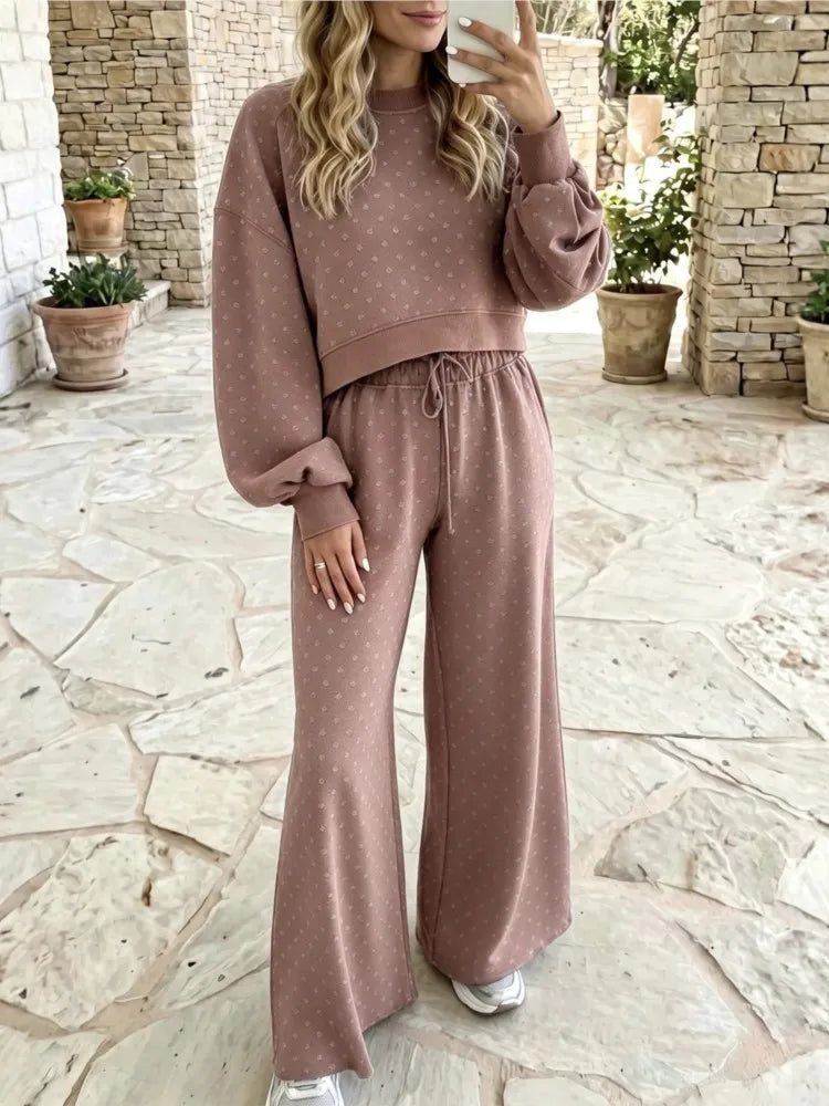 Polka Dot Cropped Sweatshirt and Wide Leg Pants Set for Women