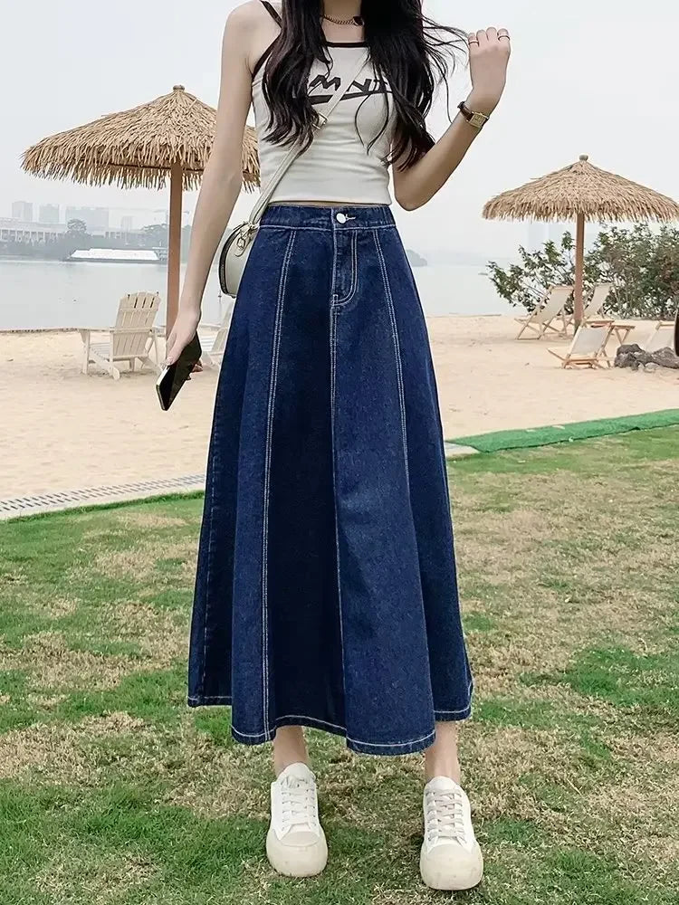 Fashionable Spring Medium-Length High-Waisted Jeans Long Dress Women's Elastic Waist A- Line Skirt Umbrella Skirt
