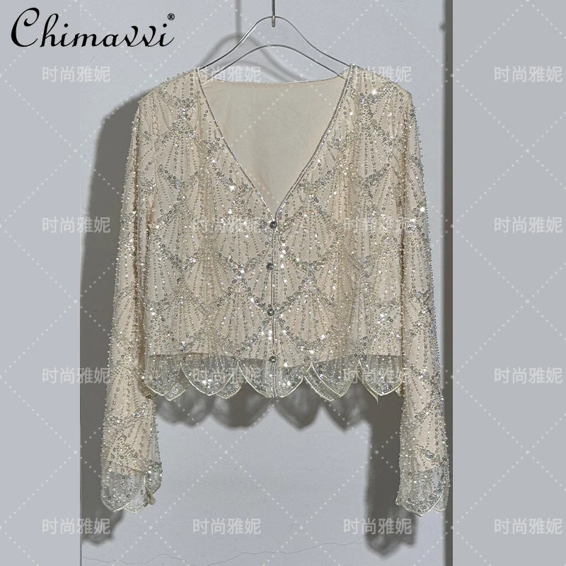 Fashion New Fashion Long-sleeved Sequined Pearl Bead Cardigan Women's Top High-waisted Skirt 2-piece 2025 Spring New Skirt Sets