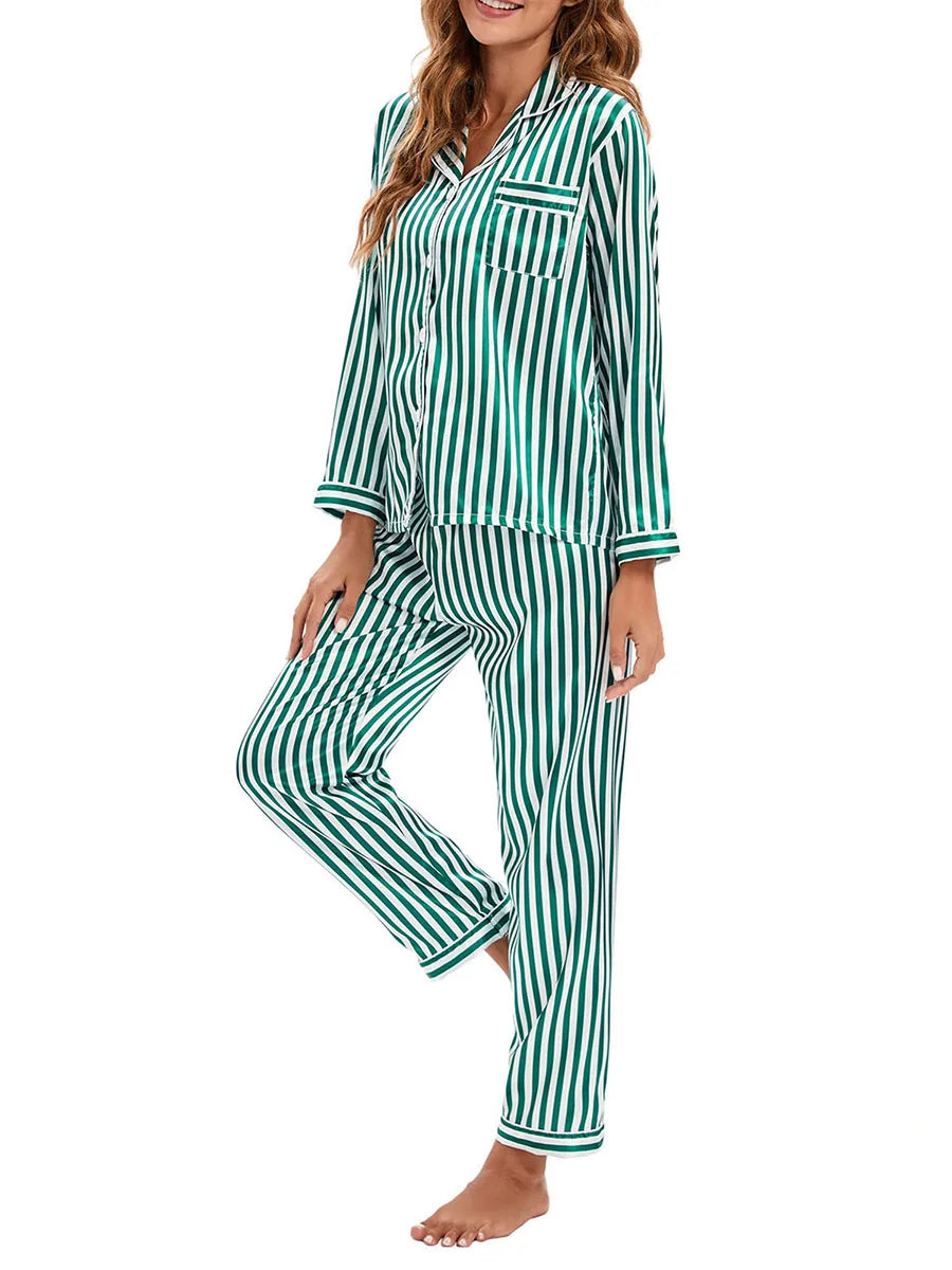 Women 2 Pieces Satin Pajamas Set Spring Autumn Long Sleeve Button Up Shirt and Casual Loose Elastic Pants Sleepwear Loungewear