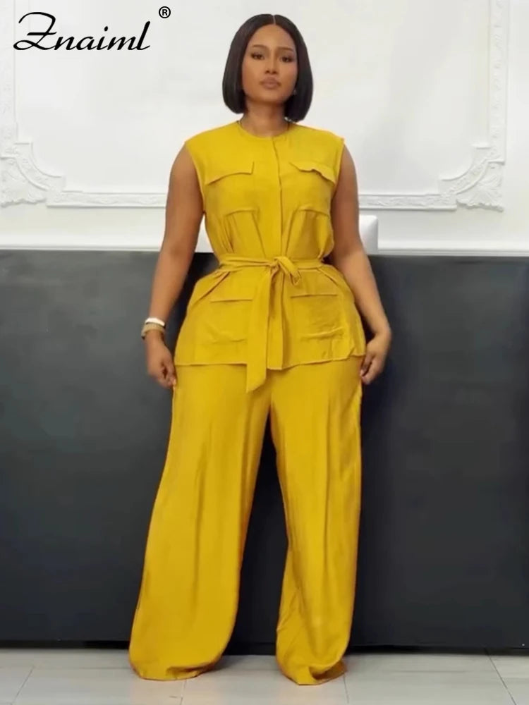 Znaiml Elegant Loose O-neck Sleeveless Pockets Bandage Top and Wide Leg Pants 2 Pieces Sets Women Casual Streetwear Outfits y2k