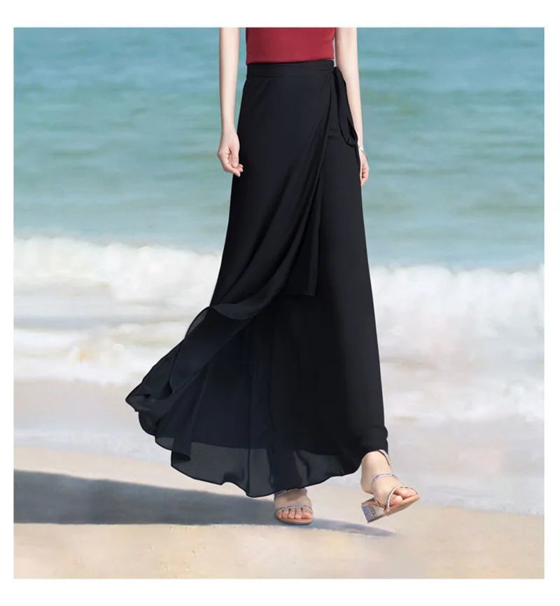 Lace-Up Summer Skirt Holiday style Chiffon Halfskin Skirt Women's 2023 Summer New Thin Dropping Long Wrapped Hip Skirt Khaki Bla