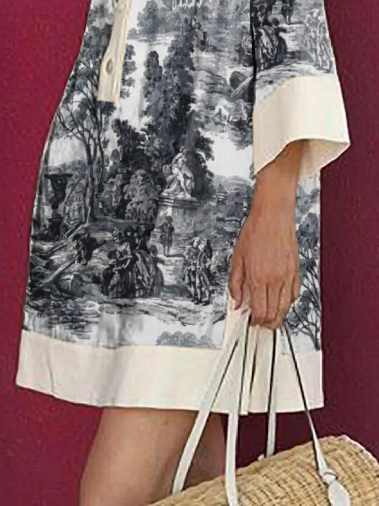UOOZEE Women's Vintage Printed Lapel Shirts Dress 2024 New Spring Summer Long Sleeve Loose Elegant Evening Banquet Mini Dresses